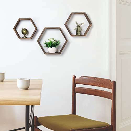 Hexagon Floating Shelves Set of 6 Farmhouse Honeycomb Wall Storage Shelf Wood Display Hexagonal Shelves Wall Mounted Hanging Rustic Shelf Racks for Bedroom Living Room Hallway Office Decor, Brown