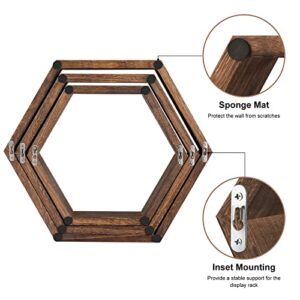 Hexagon Floating Shelves Set of 6 Farmhouse Honeycomb Wall Storage Shelf Wood Display Hexagonal Shelves Wall Mounted Hanging Rustic Shelf Racks for Bedroom Living Room Hallway Office Decor, Brown