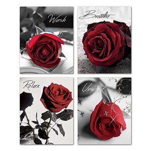 norouov modern red rose flowers on gray books wall art paintings set of 4 (8x10” canvas picture) relax breathe wash unwind for bathroom bedroom living room home decor no frame