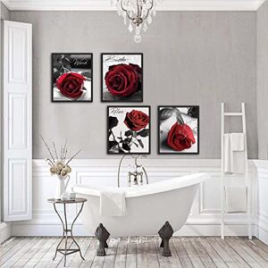 NOROUOV Modern Red Rose Flowers on Gray Books Wall Art Paintings Set of 4 (8X10” Canvas Picture) Relax Breathe Wash Unwind for Bathroom Bedroom Living Room Home Decor No Frame