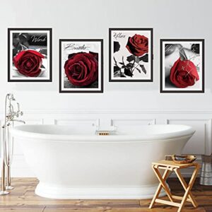 NOROUOV Modern Red Rose Flowers on Gray Books Wall Art Paintings Set of 4 (8X10” Canvas Picture) Relax Breathe Wash Unwind for Bathroom Bedroom Living Room Home Decor No Frame