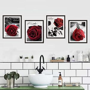 NOROUOV Modern Red Rose Flowers on Gray Books Wall Art Paintings Set of 4 (8X10” Canvas Picture) Relax Breathe Wash Unwind for Bathroom Bedroom Living Room Home Decor No Frame