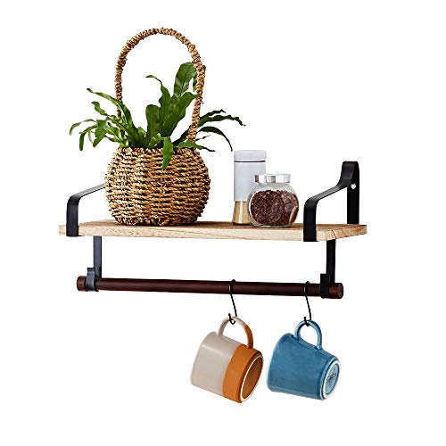 Coral Flower Floating Wall Shelf for Storage Wood-Based Board Kitchen Spice Rack with Towel Bar and 8 Removable Hooks, Carbonized Black