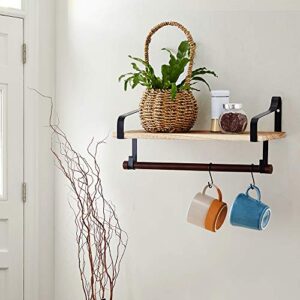 Coral Flower Floating Wall Shelf for Storage Wood-Based Board Kitchen Spice Rack with Towel Bar and 8 Removable Hooks, Carbonized Black