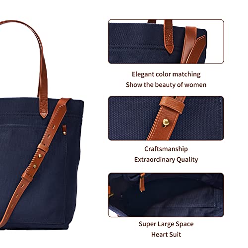 Women Canvas Tote Handbags Casual Shoulder Shopper Work Bag Crossbody (Navy) Medium