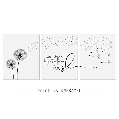 Every Dream Begins With A Wish Dendelion Wall Art Bedroom Nursery Decor Dandelion Print Best Friend Gift Living Room Wall Decor, Set of 3, UNFRAMED 11X14INCH