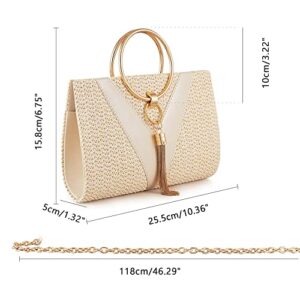 JURLEA Women Evening Bag Tassels Clutch Bag Glitter Clutch Purse Wedding Party Straw Clutch with Chain (White - Straw)