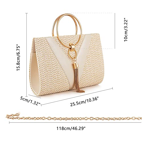 JURLEA Women Evening Bag Tassels Clutch Bag Glitter Clutch Purse Wedding Party Straw Clutch with Chain (White - Straw)