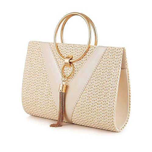 JURLEA Women Evening Bag Tassels Clutch Bag Glitter Clutch Purse Wedding Party Straw Clutch with Chain (White - Straw)