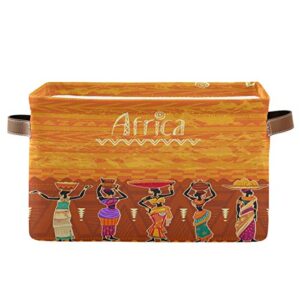 alaza decorative basket rectangular storage bin, ethnic african woman organizer basket with leather handles for home office