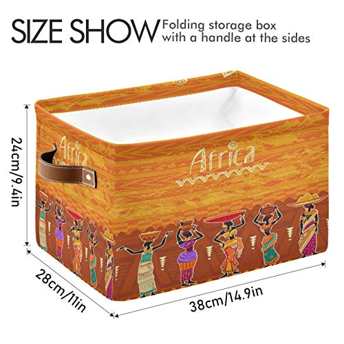 ALAZA Decorative Basket Rectangular Storage Bin, Ethnic African Woman Organizer Basket with Leather Handles for Home Office