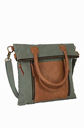 Mona B. Ash Fold-Over and Intermix Convertible Upcycled Canvas Tote and Crossbody Bag with Vegan Leather Trim (Fold_Over-Aegean)