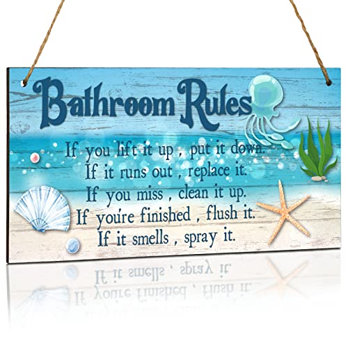 Bathroom Rules Sign Decor Bathroom Rule Wall Plaque Decor Bathroom Rule Wooden Hanging Sign Bathroom Wall Art Farmhouse Bathroom Wall Decor Rustic Funny Bathroom Decor, 10 x 5 Inch（sea beach）