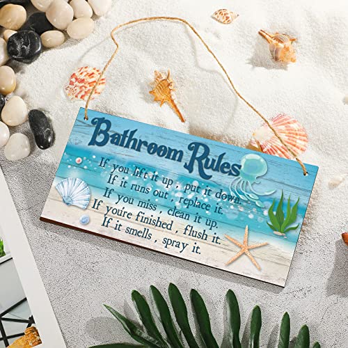 Bathroom Rules Sign Decor Bathroom Rule Wall Plaque Decor Bathroom Rule Wooden Hanging Sign Bathroom Wall Art Farmhouse Bathroom Wall Decor Rustic Funny Bathroom Decor, 10 x 5 Inch（sea beach）