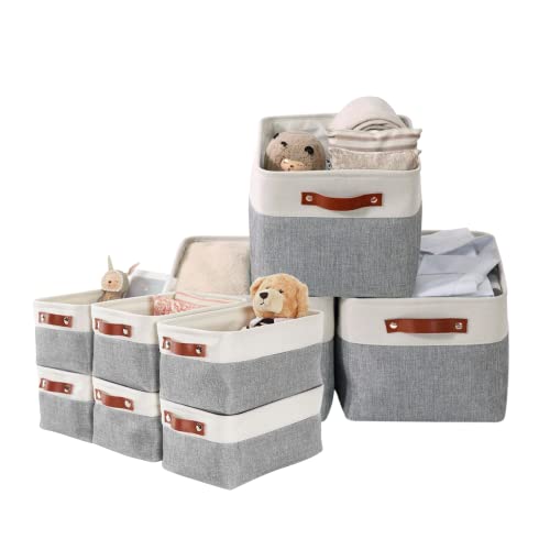 DECOMOMO Foldable Storage Bin (LARGE-Grey and White 15 x 11 x 9.5" - 3 Pack and Small 11.8 x 8 x 6-6 Pack) Collapsible Sturdy Cationic Fabric Storage Basket Cube W/Handles for Organizing Shelf Nurse