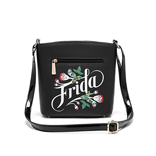 Frida Kahlo Flower Collection Cross Body Bag with Two Zip Pockets on Front (Black)