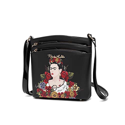 Frida Kahlo Flower Collection Cross Body Bag with Two Zip Pockets on Front (Black)