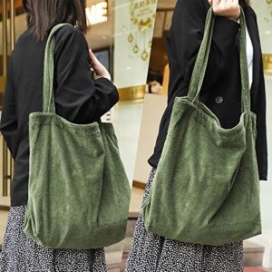 Women Corduroy Tote Bag, Etercycle Casual Handbags Big Capacity Shopping Shoulder Bag with Pocket (Army Green)