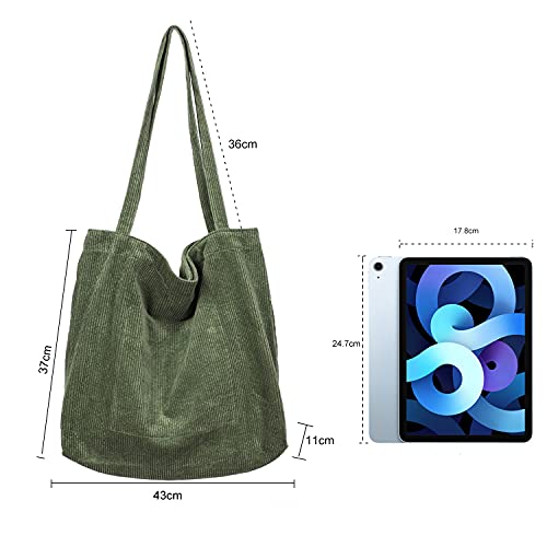 Women Corduroy Tote Bag, Etercycle Casual Handbags Big Capacity Shopping Shoulder Bag with Pocket (Army Green)