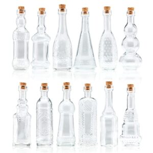 bulk paradise small mini clear vintage glass bottles with corks, mini vases, decorative, potion, assorted design set of 12 pcs, 4.6 inch tall (11.43cm), 1.4 inch wide (3.56cm)