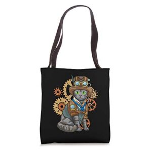 steampunk cat mechanical gears fantasy industrial goth tote bag