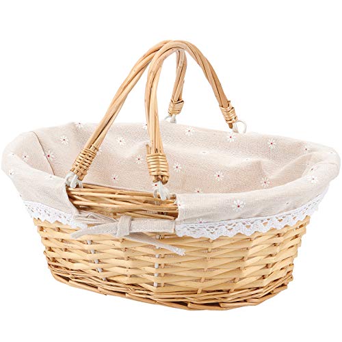 HOZEON 14.1 x 11 x 6.7 Inch Natural Wicker Woven Basket, Premium Willow Basket with Handle and Linen Cotton Cloth Lining, Elegant Wicker Basket for Storage, Gift, Decoration, Picnic, Party, Natural