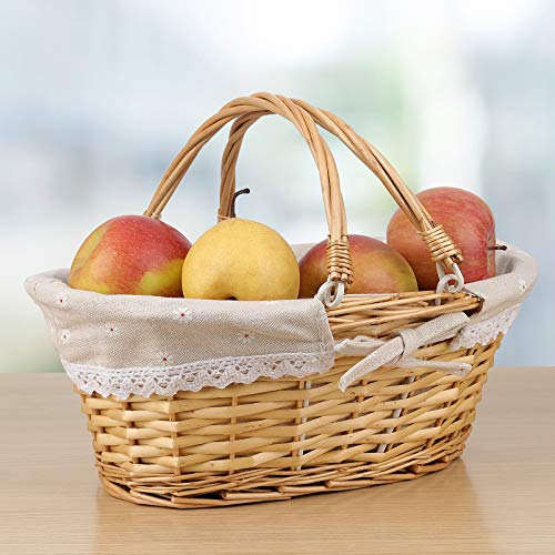 HOZEON 14.1 x 11 x 6.7 Inch Natural Wicker Woven Basket, Premium Willow Basket with Handle and Linen Cotton Cloth Lining, Elegant Wicker Basket for Storage, Gift, Decoration, Picnic, Party, Natural