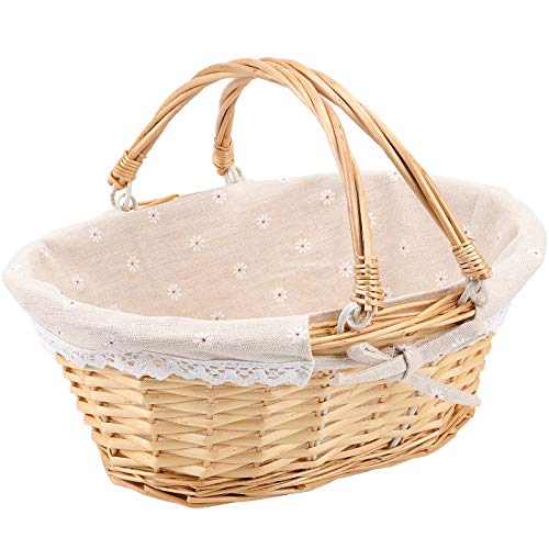 HOZEON 14.1 x 11 x 6.7 Inch Natural Wicker Woven Basket, Premium Willow Basket with Handle and Linen Cotton Cloth Lining, Elegant Wicker Basket for Storage, Gift, Decoration, Picnic, Party, Natural