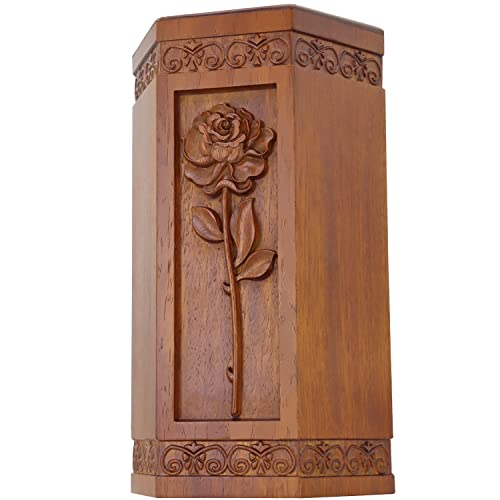 DABEETU Urns for Wooden, Cremation Urn for Human Ashes Adult - Hand Engraving Rose Flower - Funeral Urn for Mother/Dad - Display Burial at Home or in Niche at Columbarium (Large Wood Decorative Urn