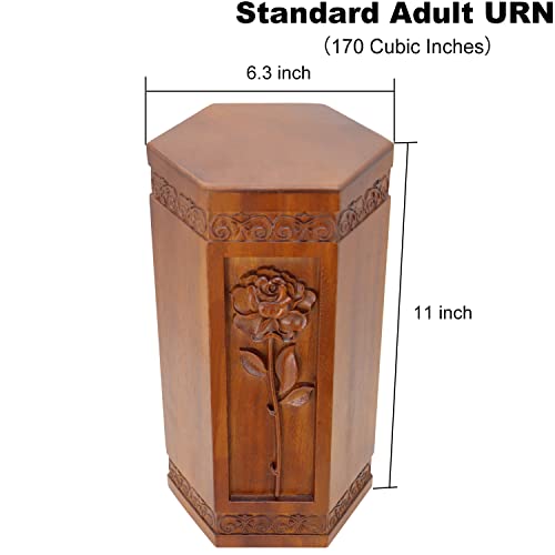 DABEETU Urns for Wooden, Cremation Urn for Human Ashes Adult - Hand Engraving Rose Flower - Funeral Urn for Mother/Dad - Display Burial at Home or in Niche at Columbarium (Large Wood Decorative Urn