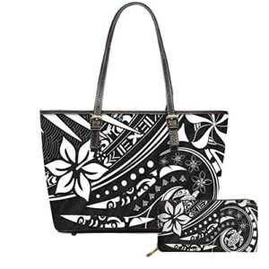 fkelyi black polynesian tribal traditional printed leather handbags large capacity top-handle bag for women ladies luxurious shoulder totes wallets