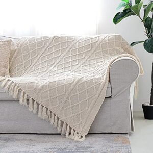 solid soft cozy cable knitted blanket throw, lightweight decorative textured cream throw blanket with fringes for couch chairs bed sofa,beige, 50″x 60″