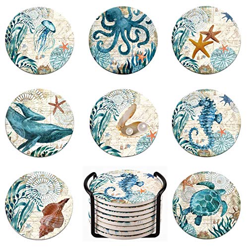 Lumuasky Set of 8 Absorbent Drink Coasters with Holder, Sea Ocean Life Coastal Beach Tropical Theme for Housewarming Apartment Kitchen Room Bar Decor, Cork Base