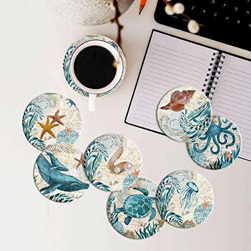 Lumuasky Set of 8 Absorbent Drink Coasters with Holder, Sea Ocean Life Coastal Beach Tropical Theme for Housewarming Apartment Kitchen Room Bar Decor, Cork Base