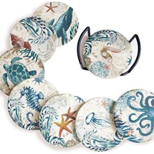 Lumuasky Set of 8 Absorbent Drink Coasters with Holder, Sea Ocean Life Coastal Beach Tropical Theme for Housewarming Apartment Kitchen Room Bar Decor, Cork Base