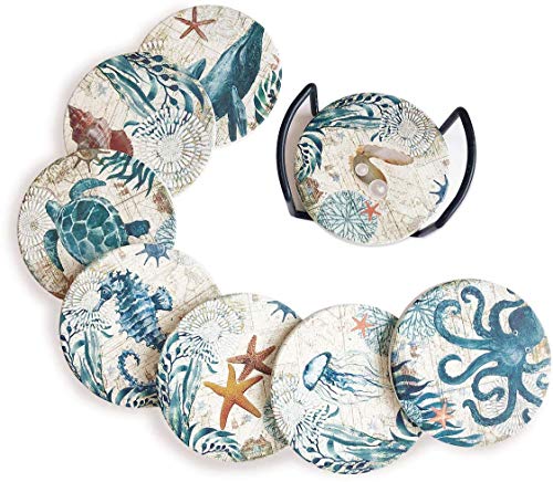 Lumuasky Set of 8 Absorbent Drink Coasters with Holder, Sea Ocean Life Coastal Beach Tropical Theme for Housewarming Apartment Kitchen Room Bar Decor, Cork Base