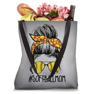 Women's Softball, Sport Mom, Messy Bun Mom, Softball Glasses Tote Bag