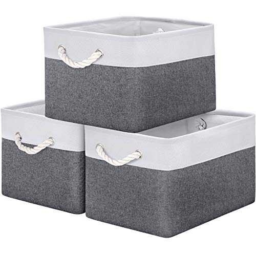 WISELIFE Storage Basket Bins [3-Pack] - Large Collapsible Storage Cubes Organizer for Shelf Closet Bedroom, Perfect Storage Box with Handles（Grey Patchwork, 15" x 11" x 9.5"）