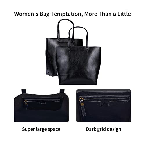 NC Large Leather Tote - Womens Slouchy Shoulder Bag with Open Top, Big Capacity Handbag (True Black)