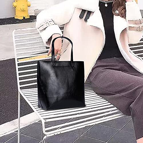 NC Large Leather Tote - Womens Slouchy Shoulder Bag with Open Top, Big Capacity Handbag (True Black)