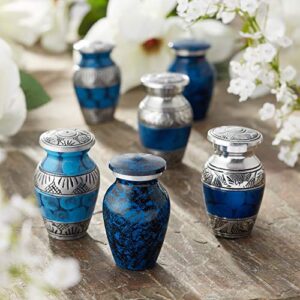 Reminded Small Cremation Urns for Human Ashes, Mini Keepsake Set of 6 Blue and Silver with Velvet Case