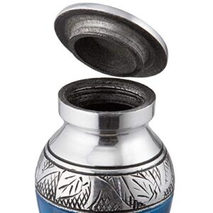 Reminded Small Cremation Urns for Human Ashes, Mini Keepsake Set of 6 Blue and Silver with Velvet Case