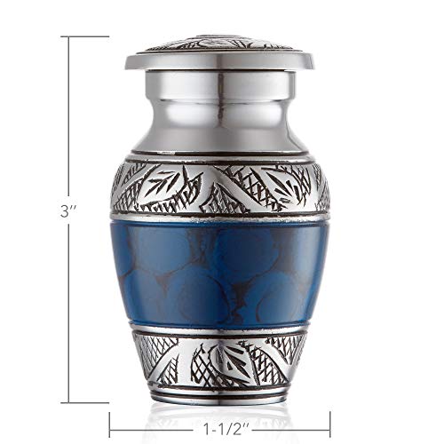 Reminded Small Cremation Urns for Human Ashes, Mini Keepsake Set of 6 Blue and Silver with Velvet Case