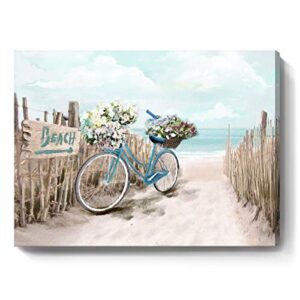 beach canvas wall art for bathroom ocean pictures seaside bicycle canvas print seascape painting framed teal aqua blue calming shoreside artwork for modern coastal themed lake home bedroom décor ready to hang 12x16inch