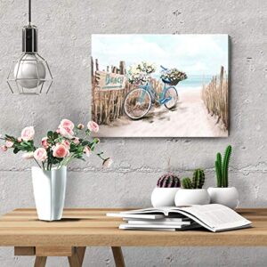 Beach Canvas Wall Art for Bathroom Ocean Pictures Seaside Bicycle Canvas Print Seascape Painting Framed Teal Aqua Blue Calming Shoreside Artwork for Modern Coastal Themed Lake Home Bedroom Décor Ready to Hang 12x16inch