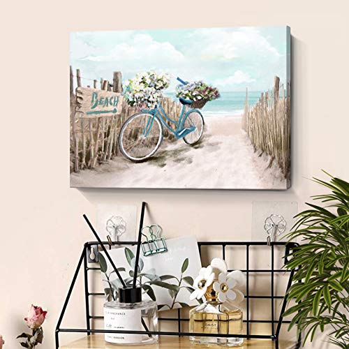 Beach Canvas Wall Art for Bathroom Ocean Pictures Seaside Bicycle Canvas Print Seascape Painting Framed Teal Aqua Blue Calming Shoreside Artwork for Modern Coastal Themed Lake Home Bedroom Décor Ready to Hang 12x16inch