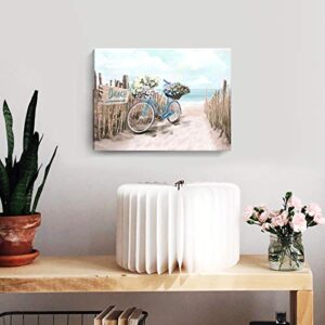 Beach Canvas Wall Art for Bathroom Ocean Pictures Seaside Bicycle Canvas Print Seascape Painting Framed Teal Aqua Blue Calming Shoreside Artwork for Modern Coastal Themed Lake Home Bedroom Décor Ready to Hang 12x16inch