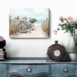 Beach Canvas Wall Art for Bathroom Ocean Pictures Seaside Bicycle Canvas Print Seascape Painting Framed Teal Aqua Blue Calming Shoreside Artwork for Modern Coastal Themed Lake Home Bedroom Décor Ready to Hang 12x16inch