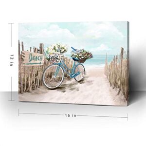 Beach Canvas Wall Art for Bathroom Ocean Pictures Seaside Bicycle Canvas Print Seascape Painting Framed Teal Aqua Blue Calming Shoreside Artwork for Modern Coastal Themed Lake Home Bedroom Décor Ready to Hang 12x16inch