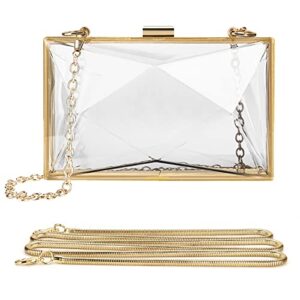 women clear purse, acrylic box evening clutch bag, transparent rhombus lady party wedding crossbody shoulder handbag (gold)